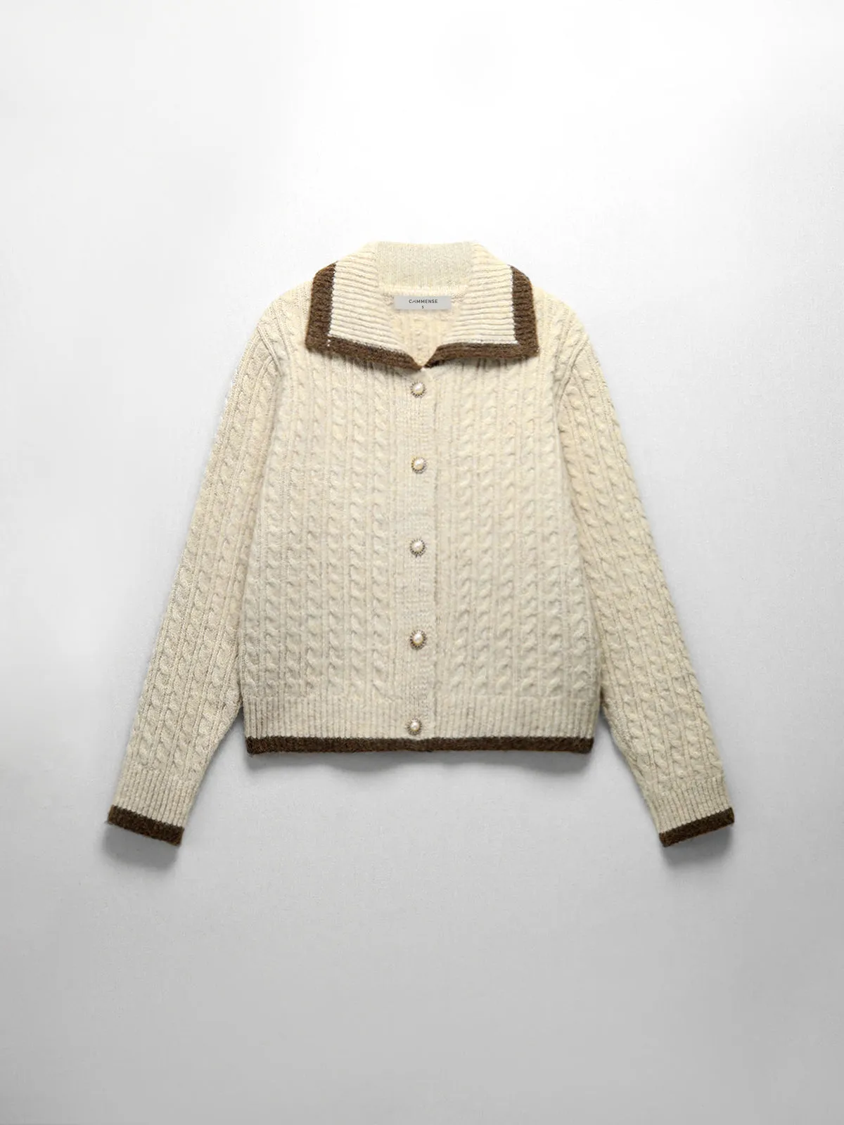 Contrast Trim Cable Knit Pearl Button Sweater sold by COMMENSE