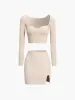 Creamy Latte Long Sleeve Rib Two Piece Skirt Set sold by COMMENSE