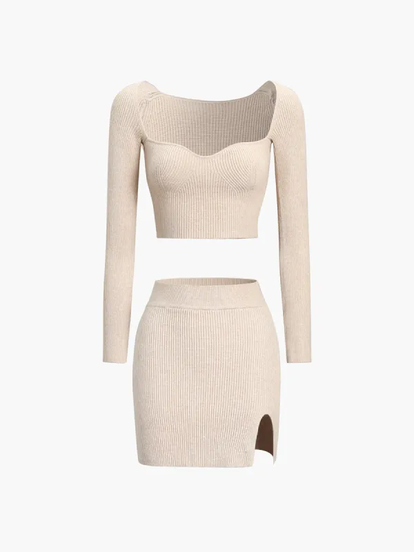 Creamy Latte Long Sleeve Rib Two Piece Skirt Set sold by COMMENSE