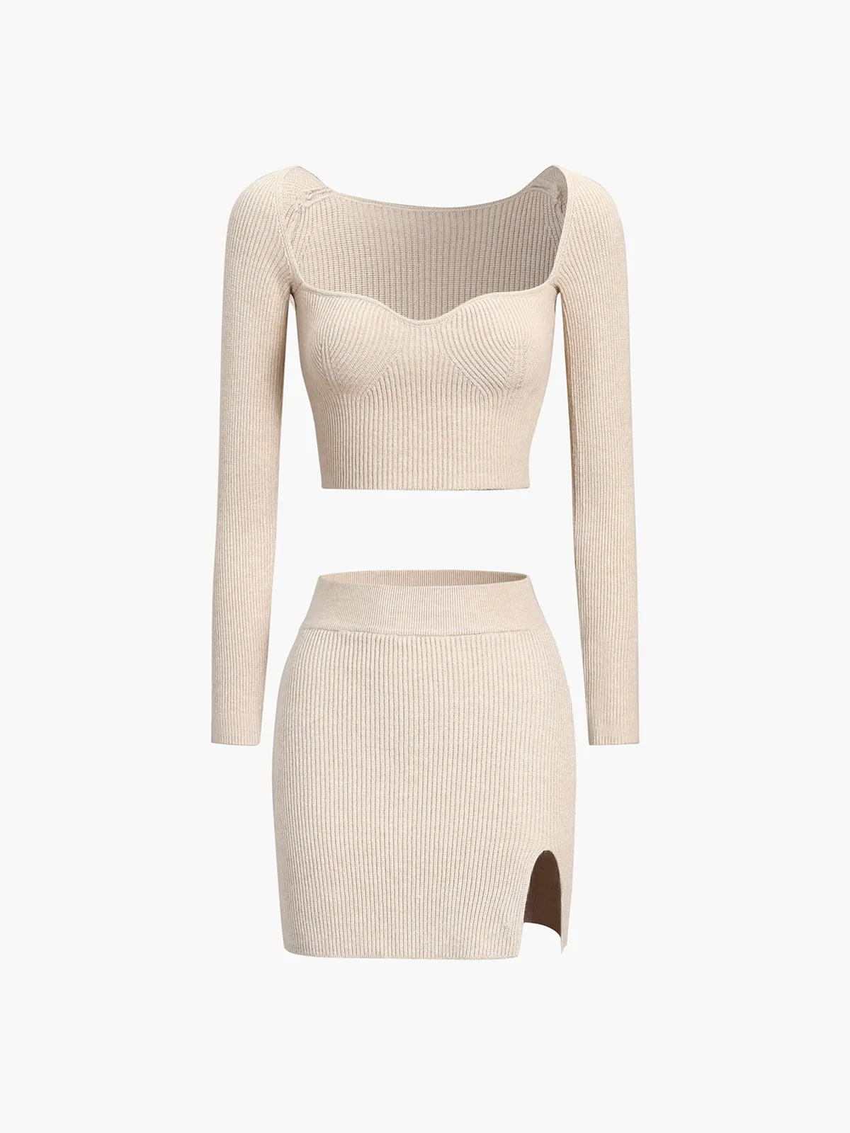 Creamy Latte Long Sleeve Rib Two Piece Skirt Set sold by COMMENSE