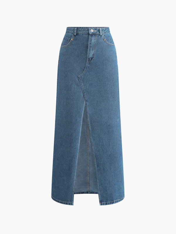 Asymmetrical Denim Split Skirt sold by COMMENSE