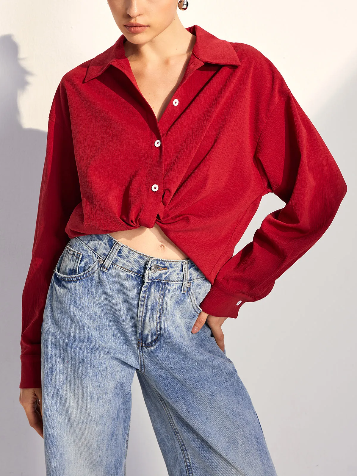 Solid Lapel Button Draped Shirt sold by COMMENSE product image thumbnail 3