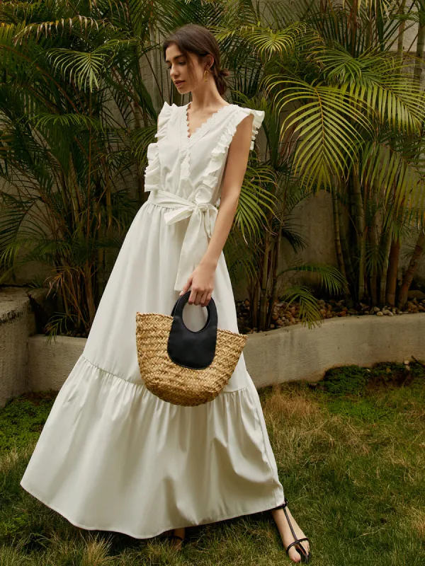 Elegant Ruffle Trim Belted Long Dress sold by COMMENSE
