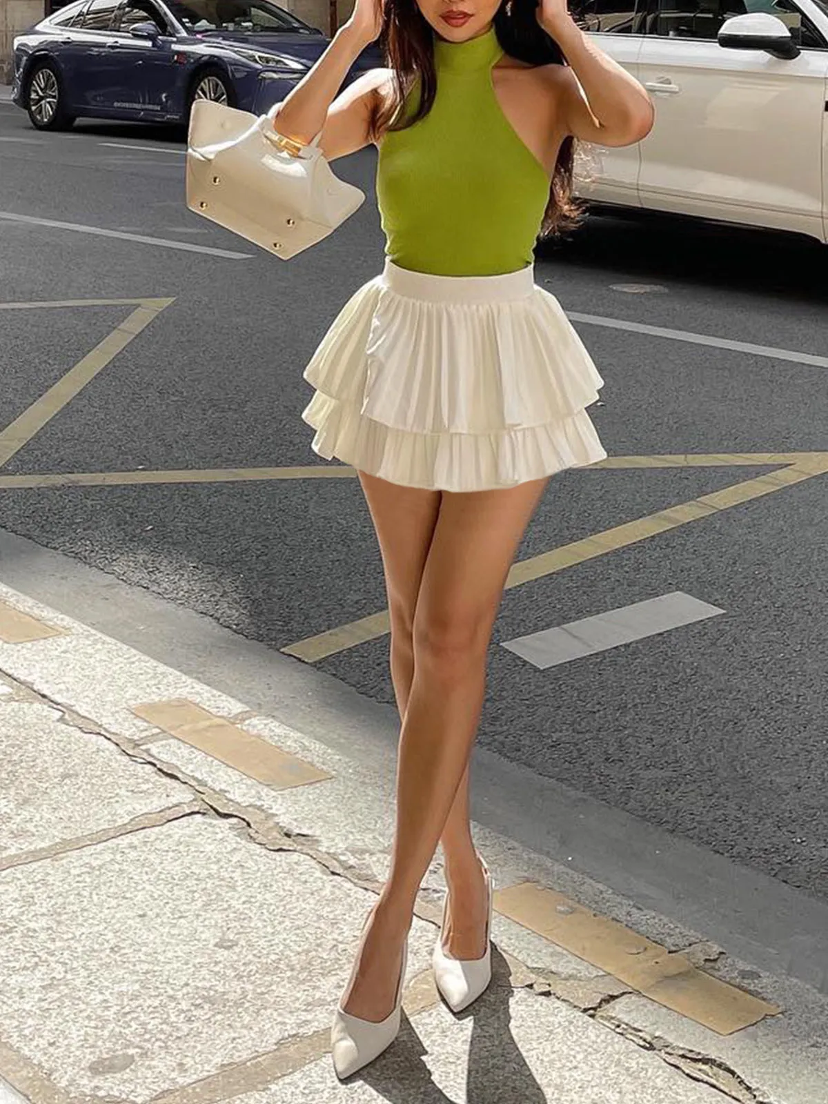 Creamy Pleated Layered Mini Skirt sold by COMMENSE product image thumbnail 3