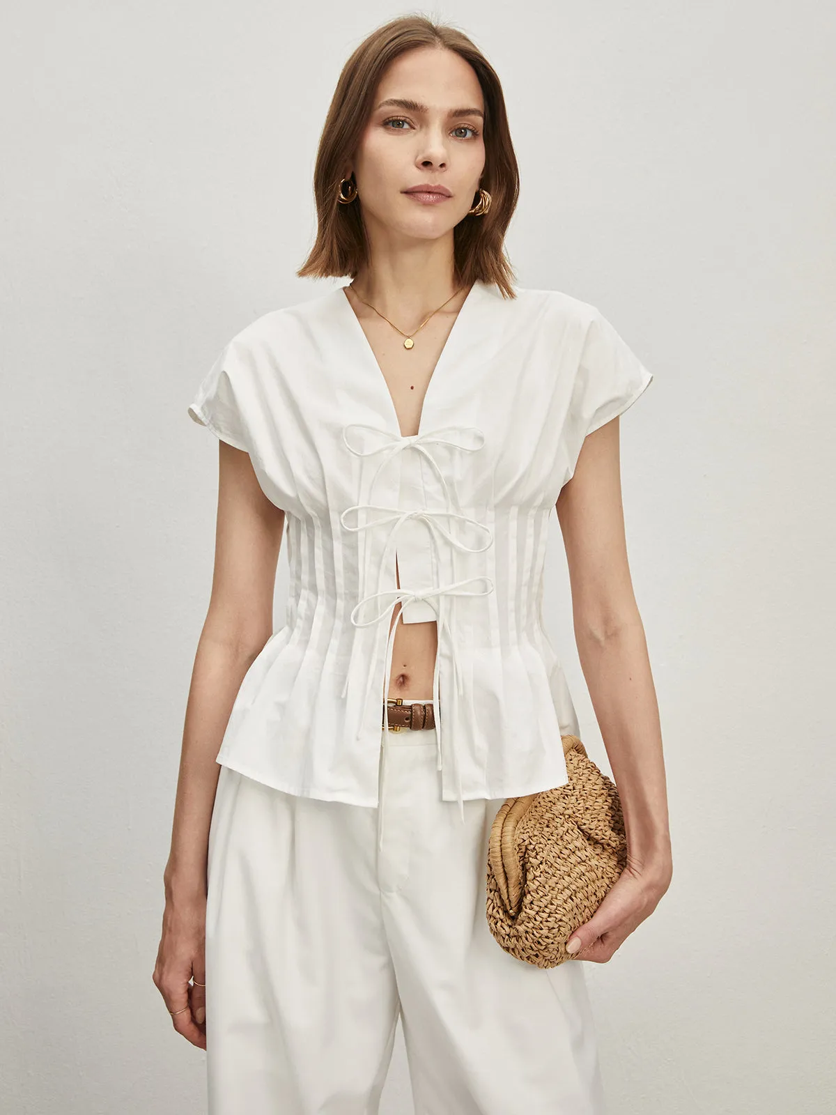 Cotton Pleated Knotted Blouse sold by COMMENSE product image thumbnail 3