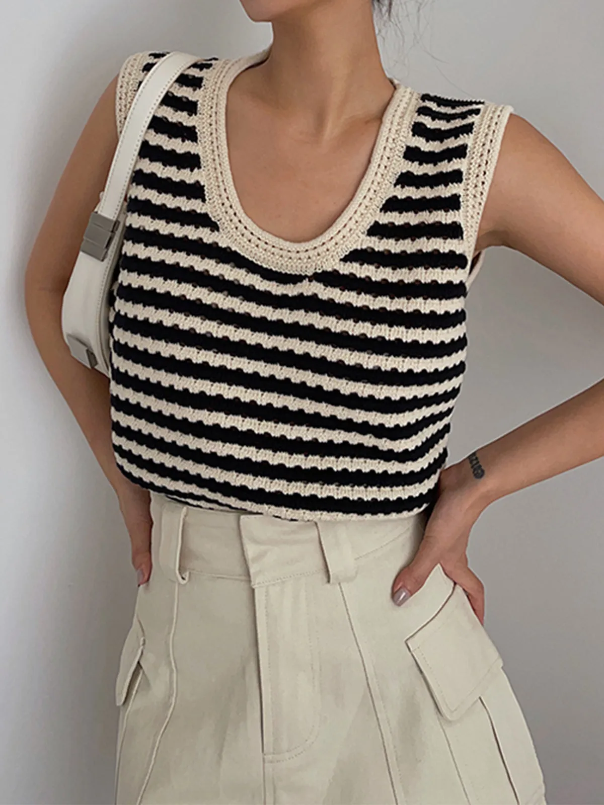 Classy Stripe Crochet Sweater Vest sold by COMMENSE product image thumbnail 3