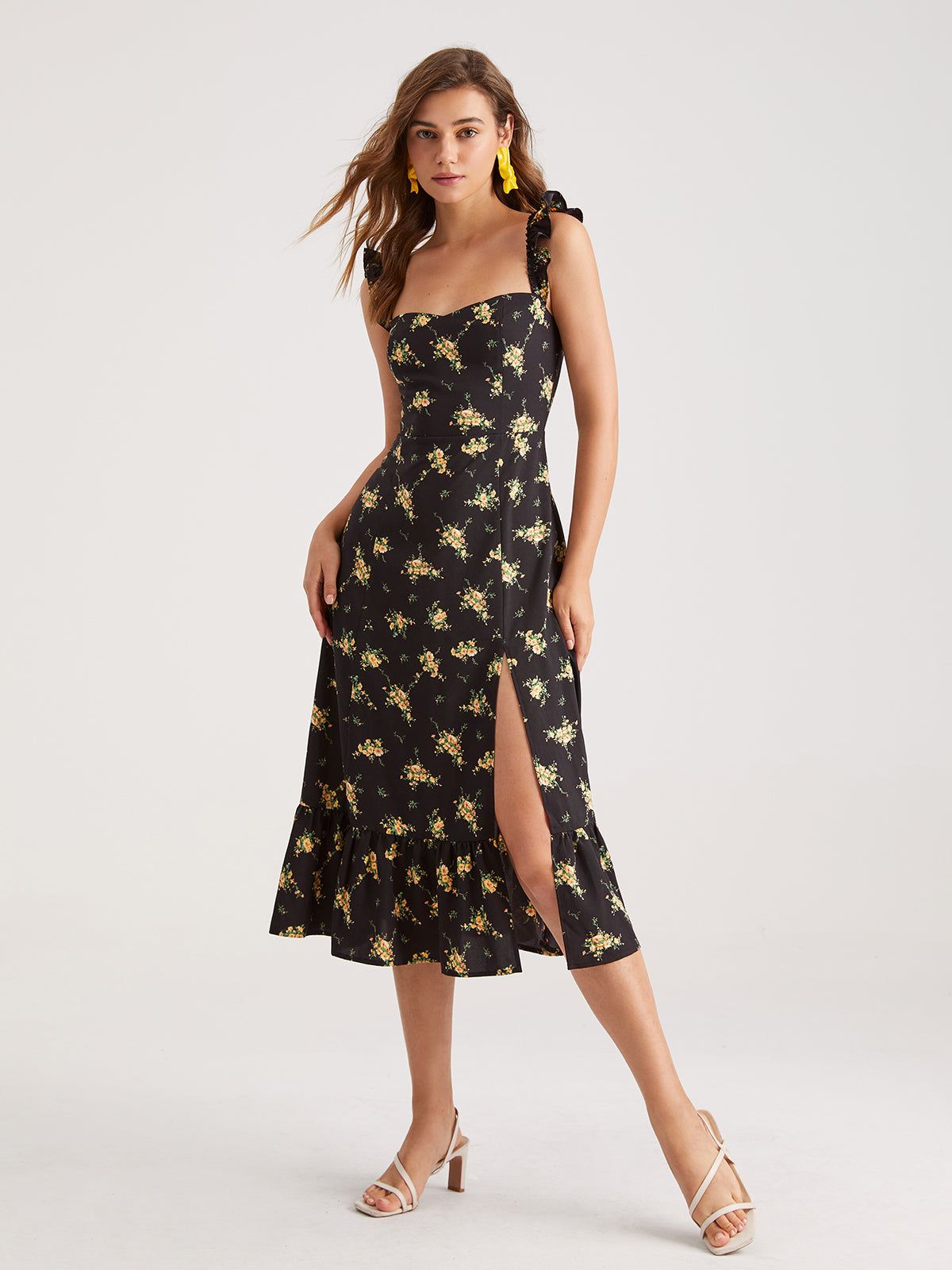 Square Neck Floral Ruffle Midi Dress sold by COMMENSE