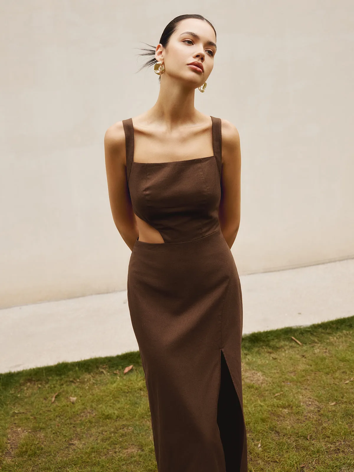 Cotton & Linen Cutout Split Long Dress sold by COMMENSE product image thumbnail 5