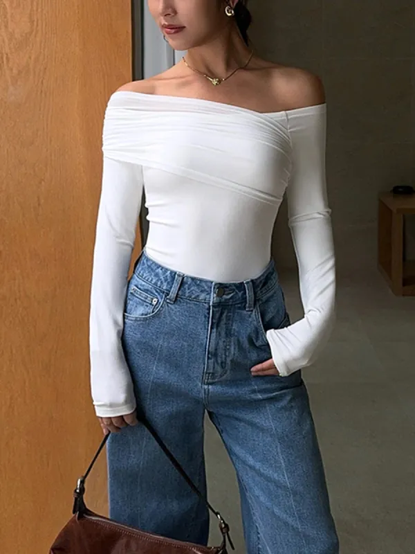 Solid Off Shoulder Long Sleeve Top sold by COMMENSE