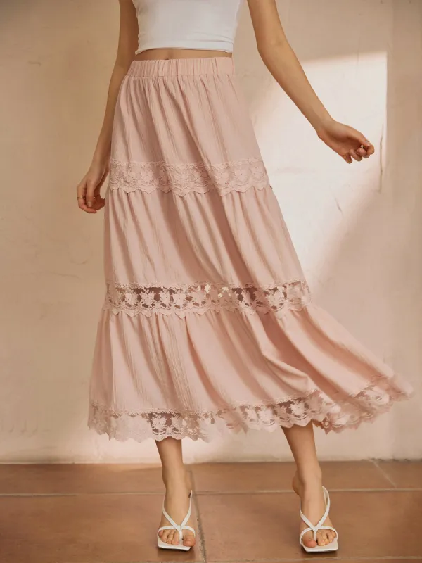 Cotton Blends Lace Trim Maxi Skirt sold by COMMENSE