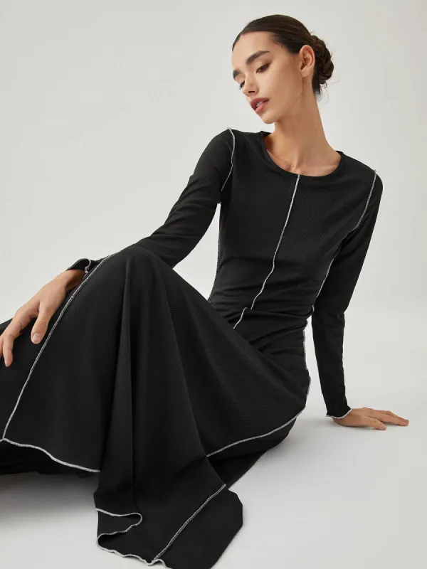 Crew Neck Contrast Trim Long Sleeve Ribbed Knit Midi Dress made by COMMENSE
