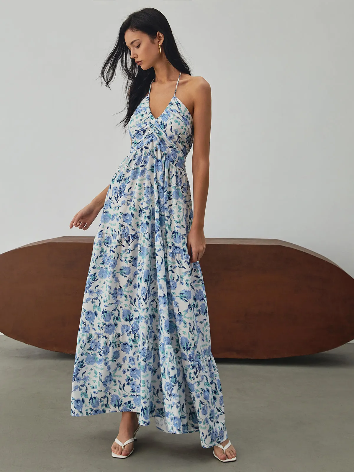 Floral Print Halter Long Dress sold by COMMENSE