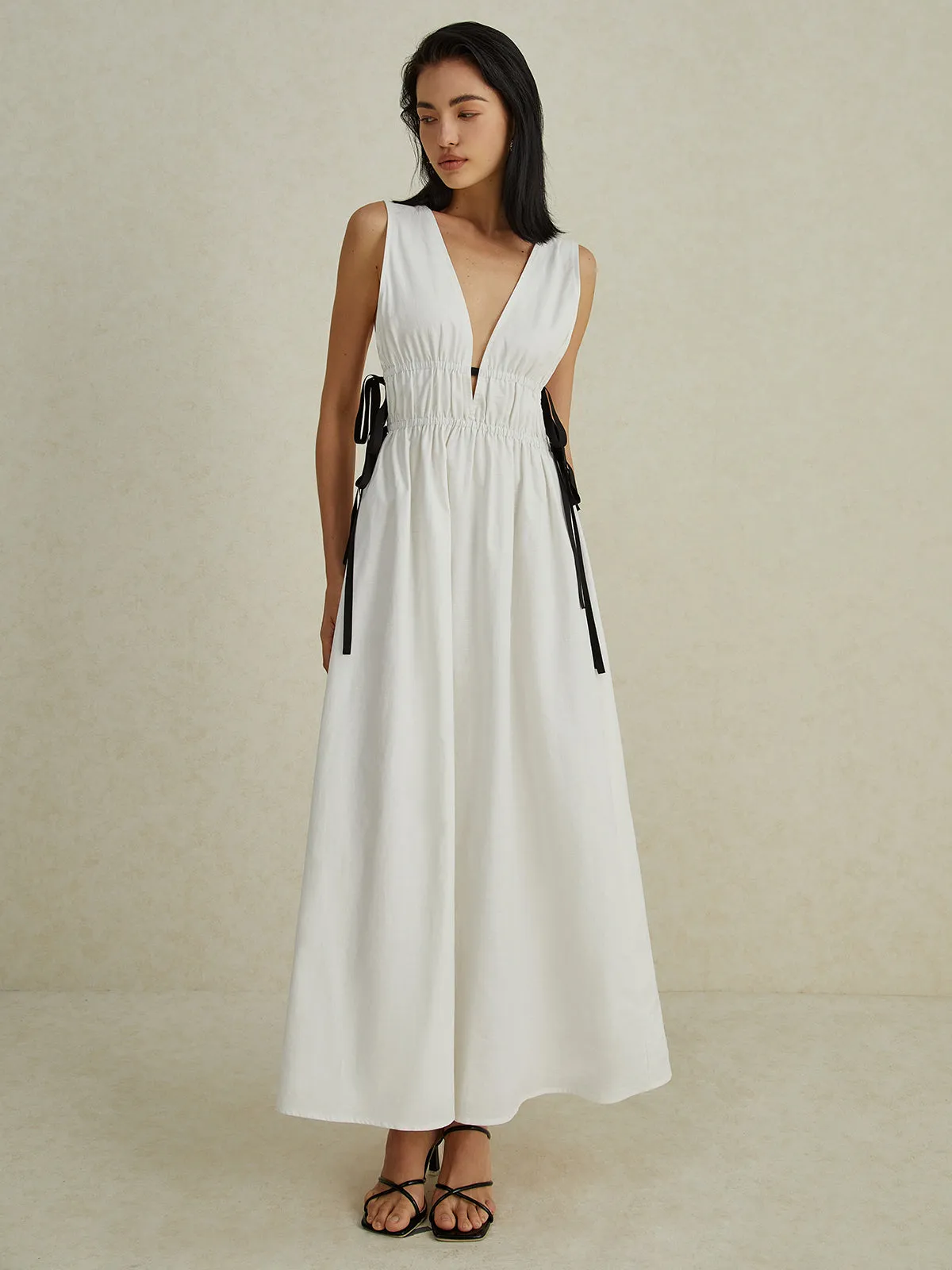 Backless V-neck Drawstring Long Dress sold by COMMENSE