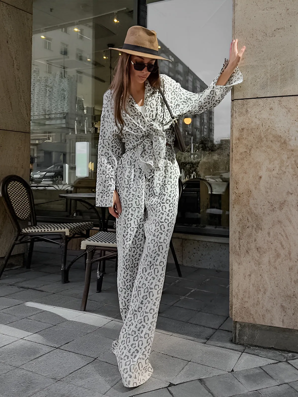 Leopard Printed High-Waist Pants Set sold by COMMENSE