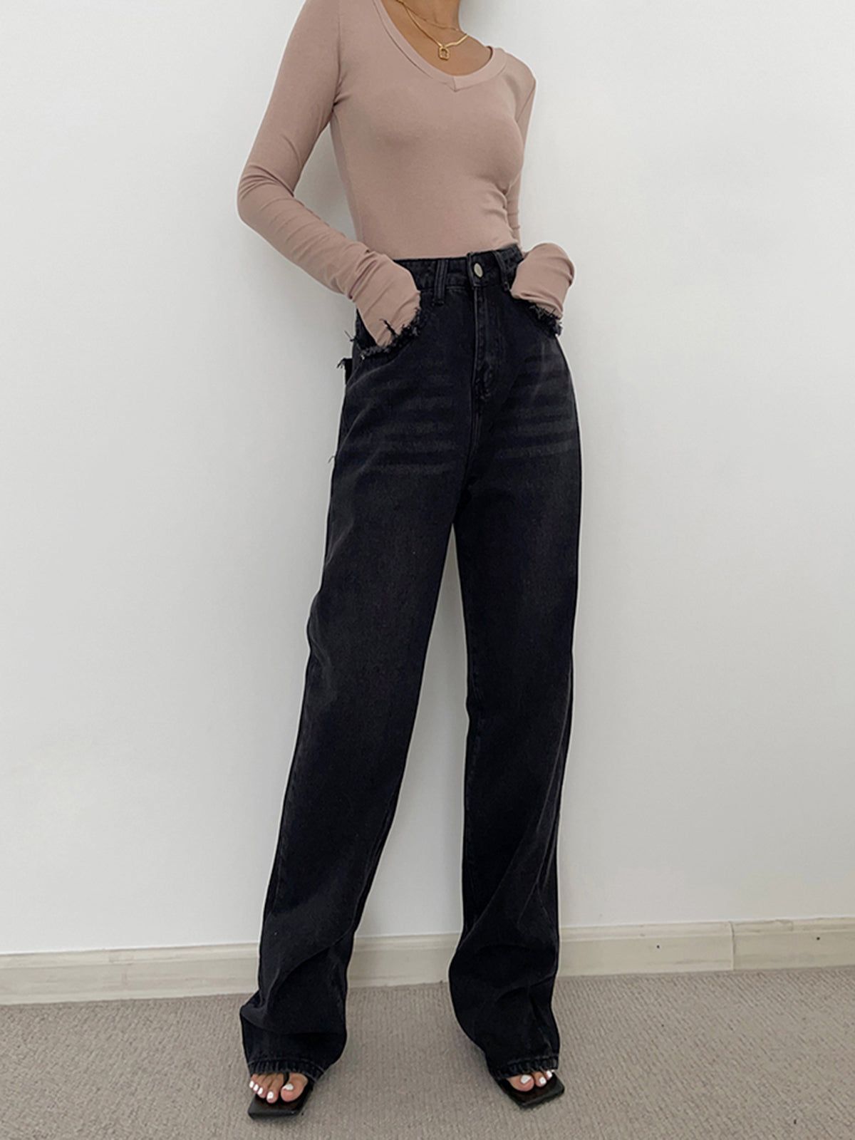 Raw Trim Pockets Straight Leg Pants sold by COMMENSE product image thumbnail 4