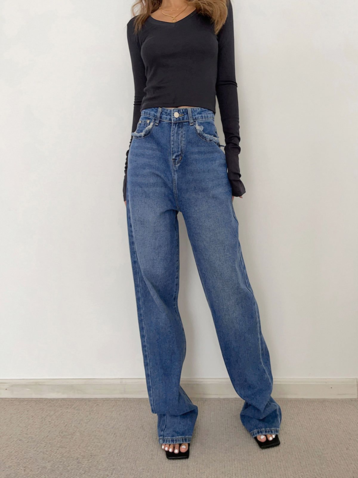 Raw Trim Pockets Straight Leg Pants sold by COMMENSE