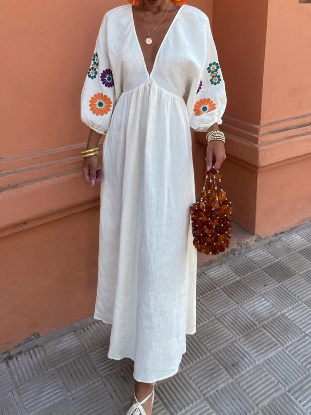 Backless Embroidery V-Neck Floral Dress sold by COMMENSE