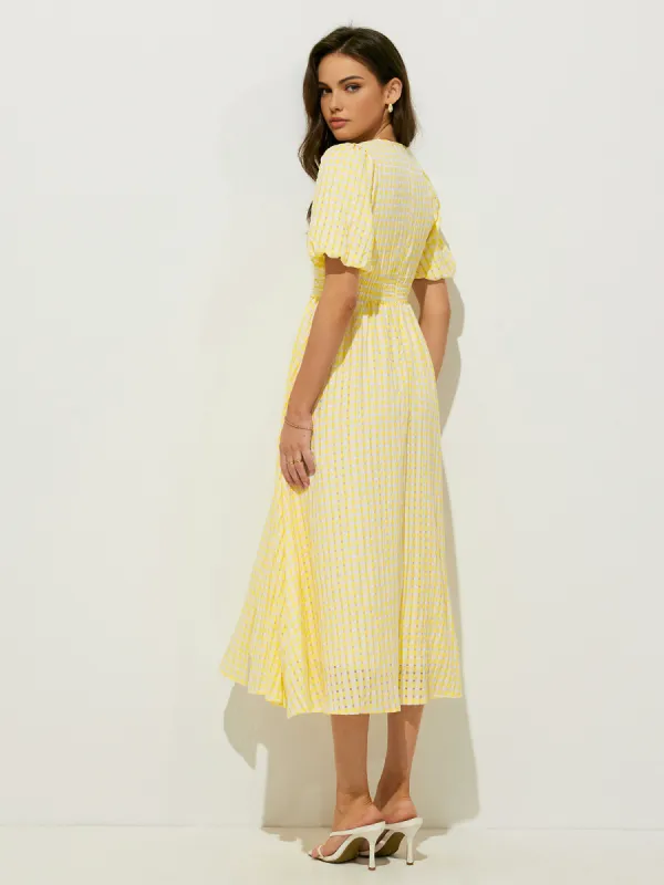 Plaid Pattern Puff Sleeve V-Neck Midi Dress sold by COMMENSE