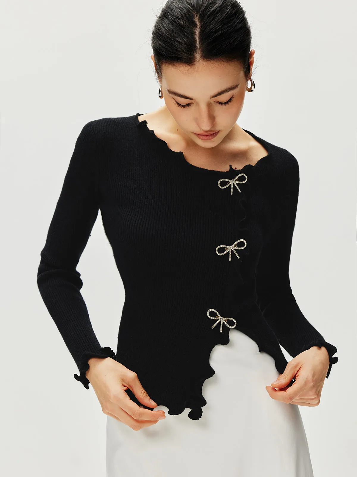 Rhinestone Bow Lettuce Trim Sweater sold by COMMENSE product image thumbnail 4