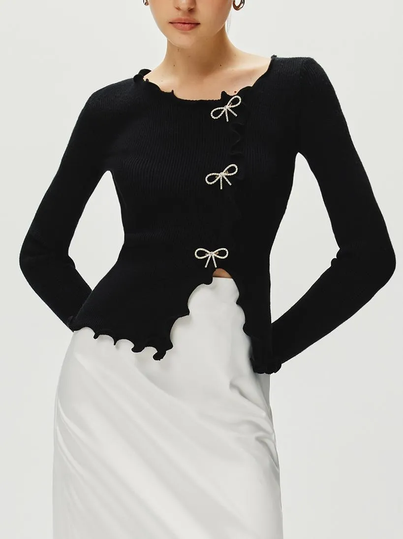 Rhinestone Bow Lettuce Trim Sweater sold by COMMENSE