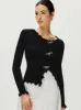 Rhinestone Bow Lettuce Trim Sweater sold by COMMENSE