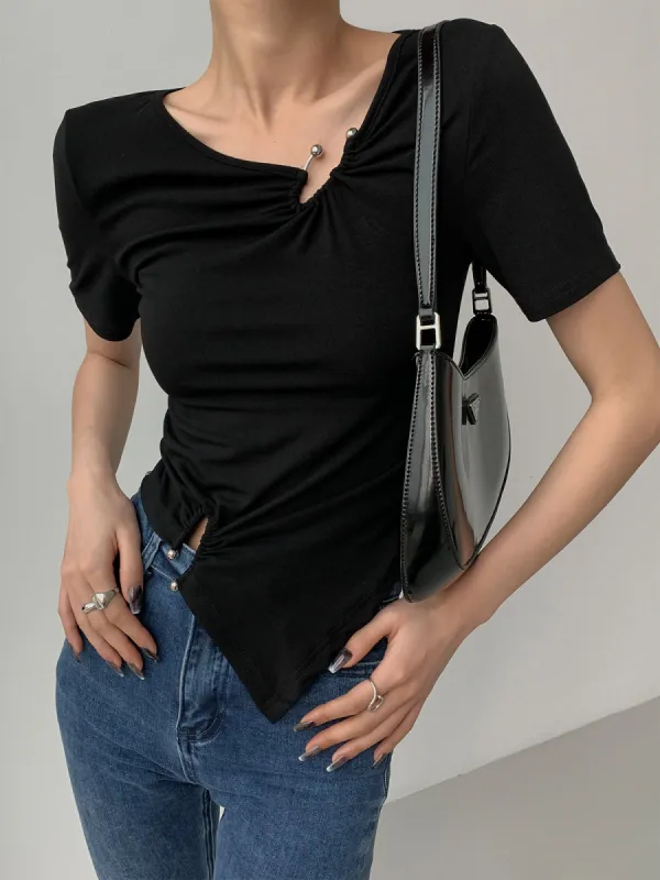Slinky Metal Ring Short Sleeve Top sold by COMMENSE