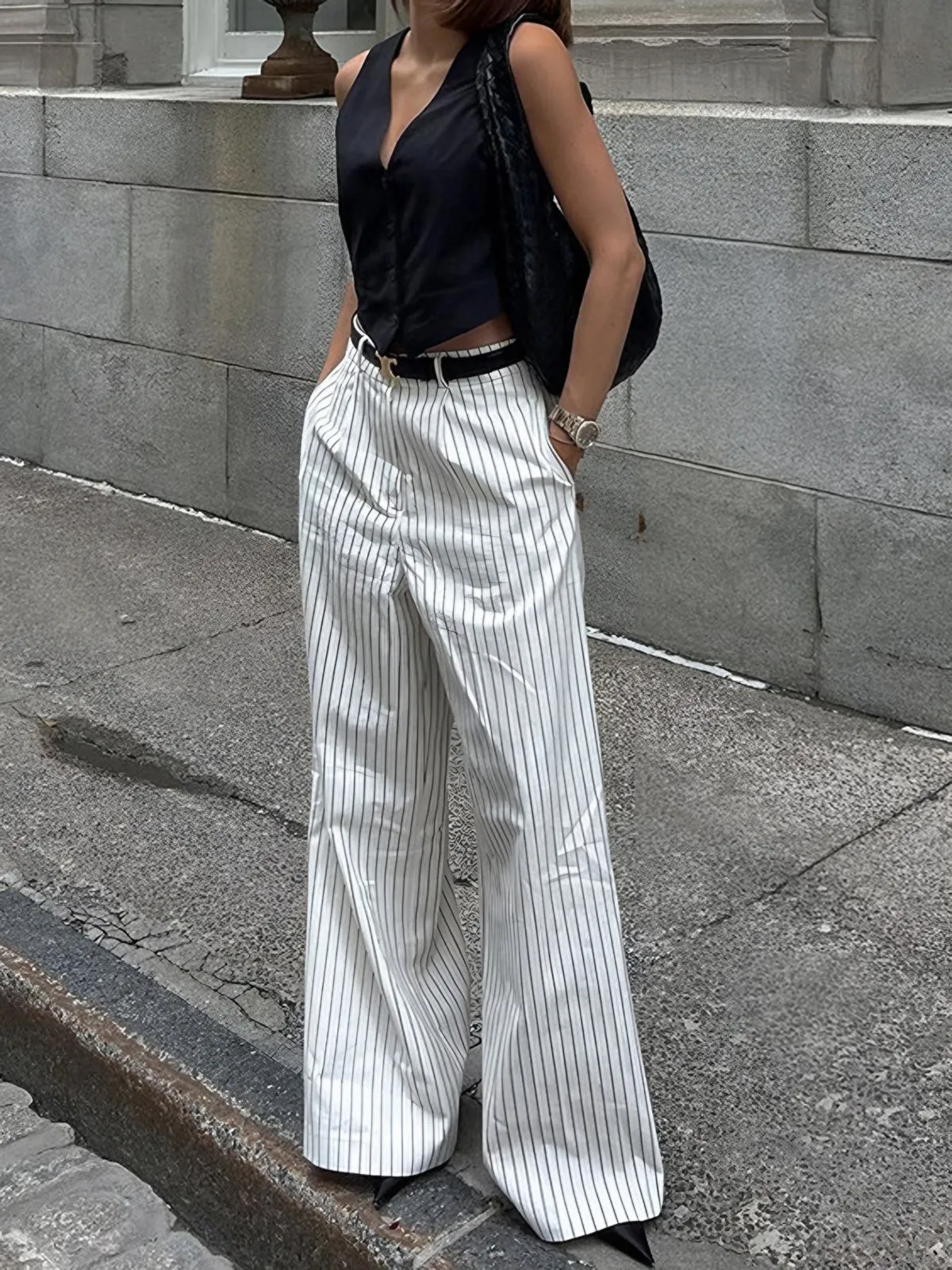 Striped Pockets Wide Leg Pants Without Belt sold by COMMENSE