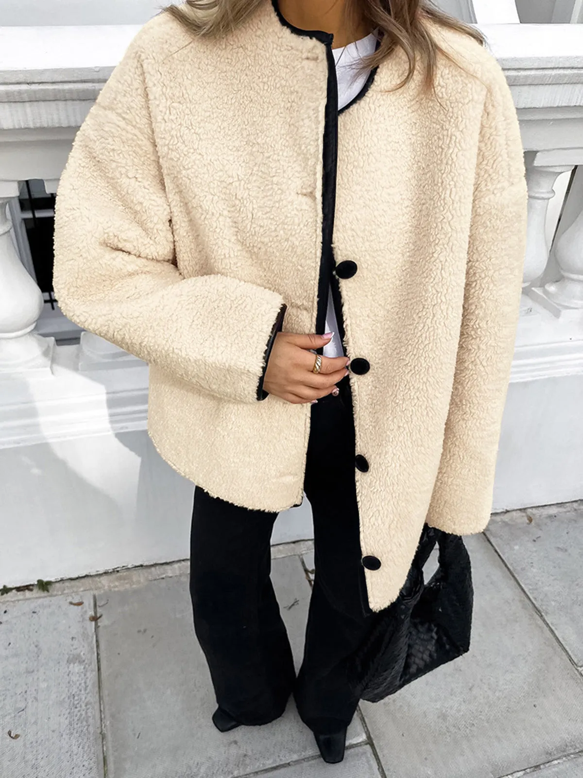 Contrast Trim Button Sherpa Jacket sold by COMMENSE