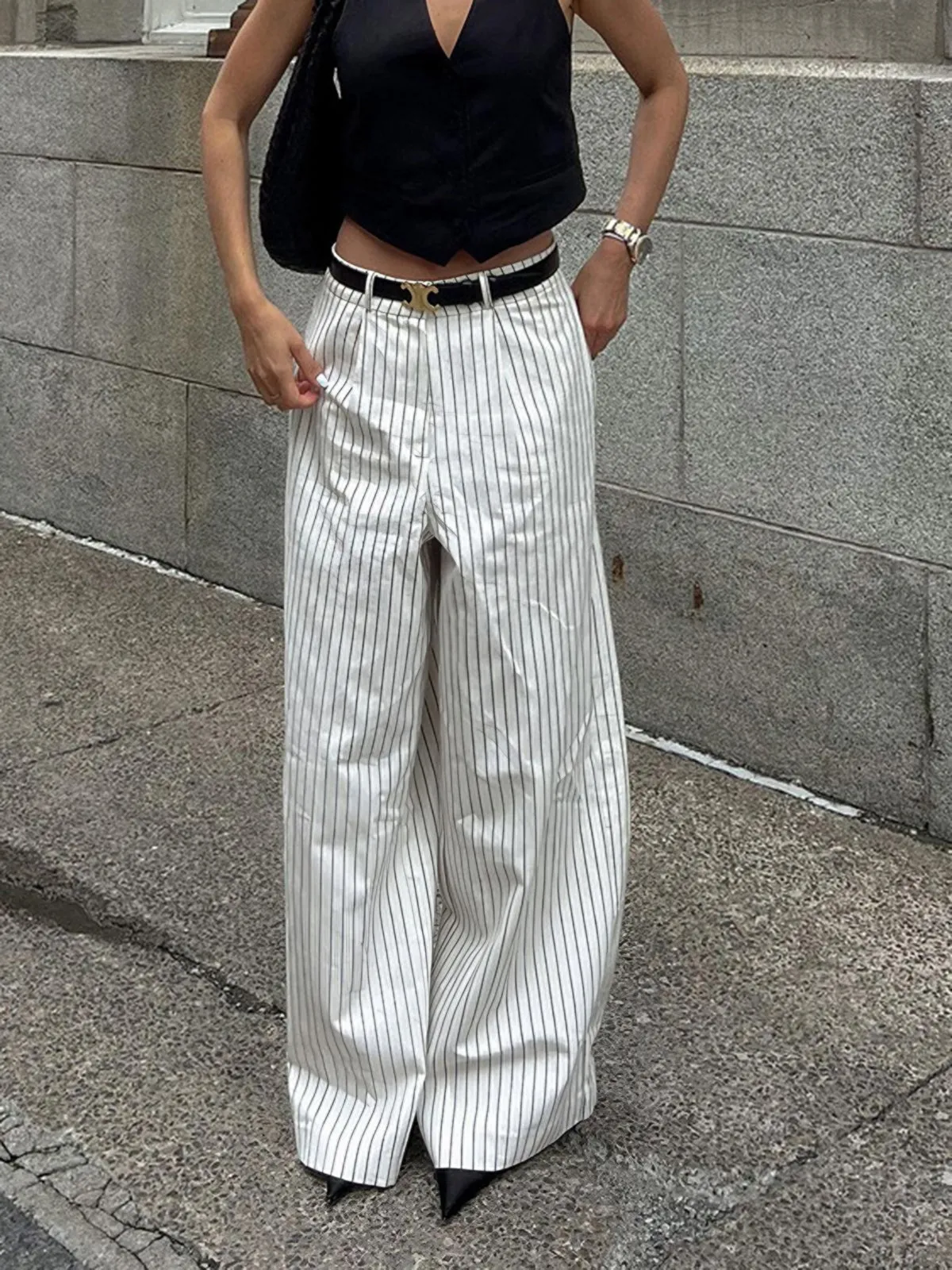 Striped Pockets Wide Leg Pants Without Belt sold by COMMENSE product image thumbnail 2