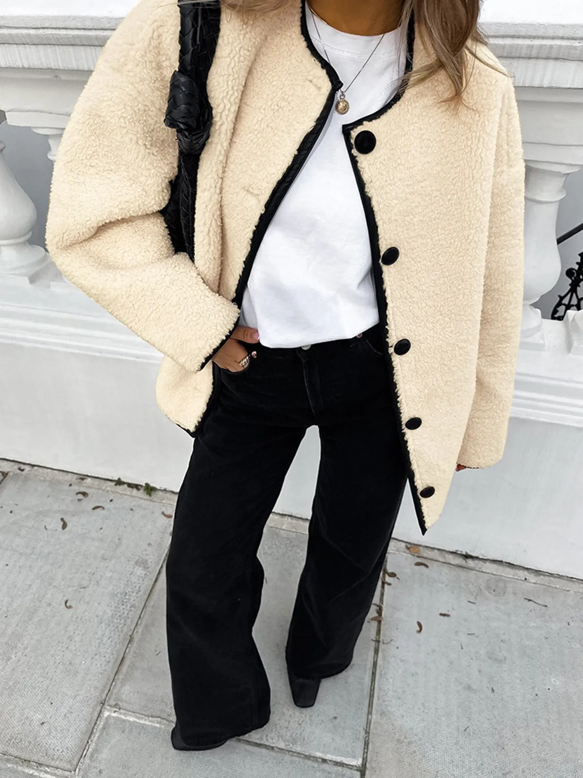 Contrast Trim Button Sherpa Jacket sold by COMMENSE product image thumbnail 2