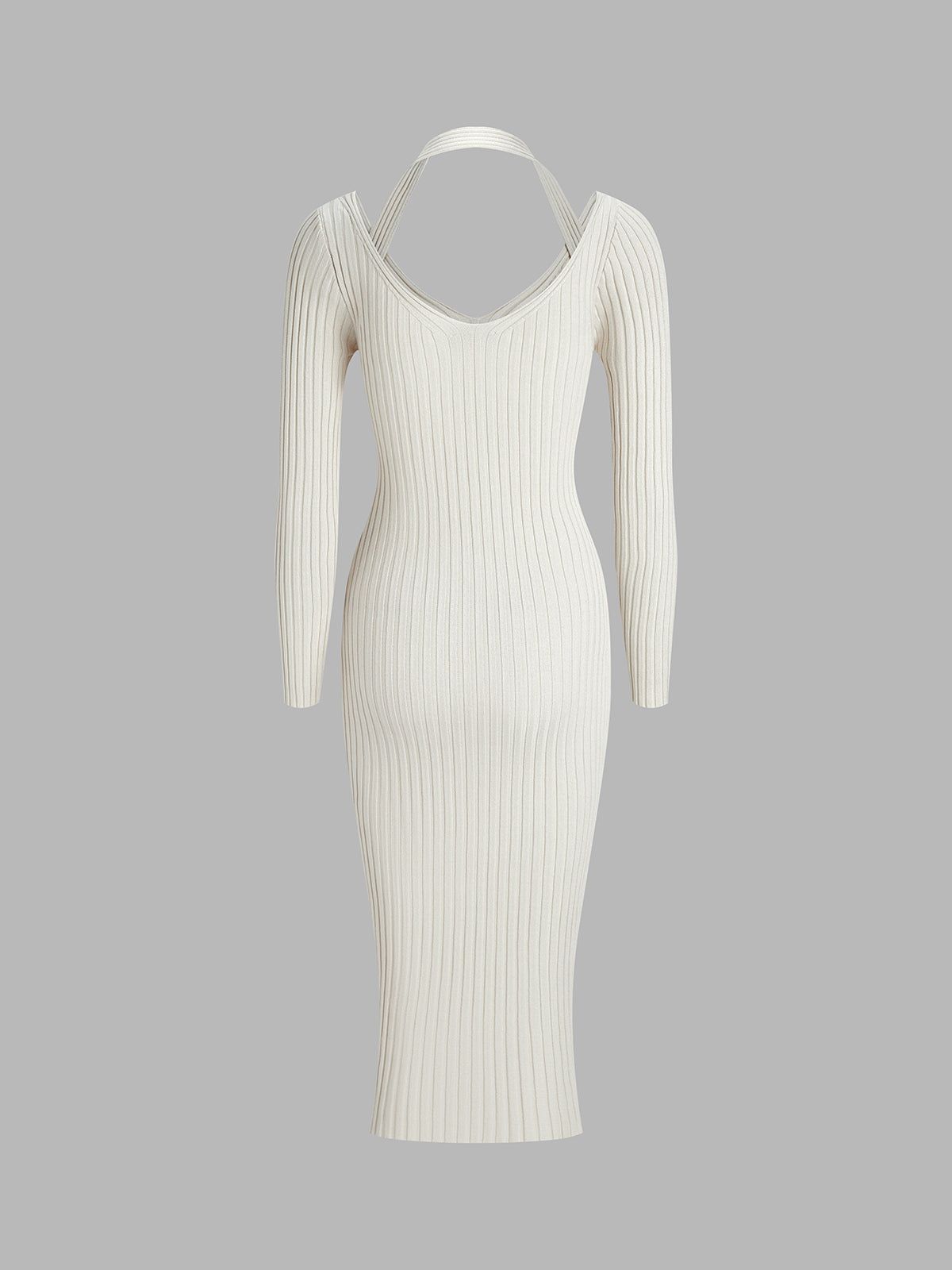 Ivory Halter Long Sleeve Midi Sweater Dress sold by COMMENSE product image thumbnail 2