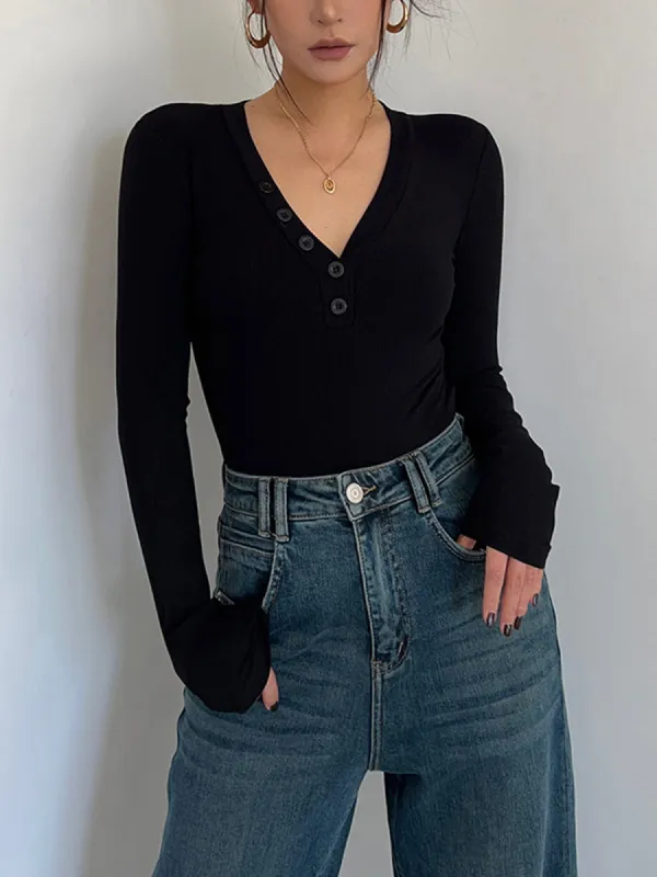 Button Decor V-neck Long Sleeve Bodysuit sold by COMMENSE