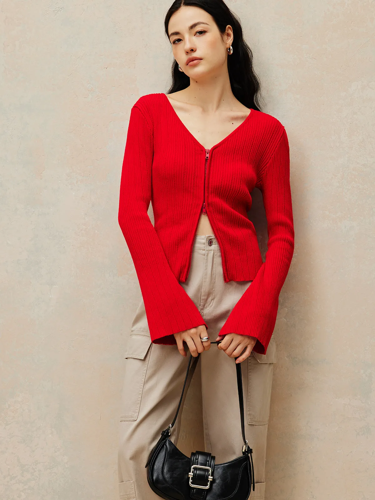 Plain Double Zip Knit Cardigan sold by COMMENSE product image thumbnail 5