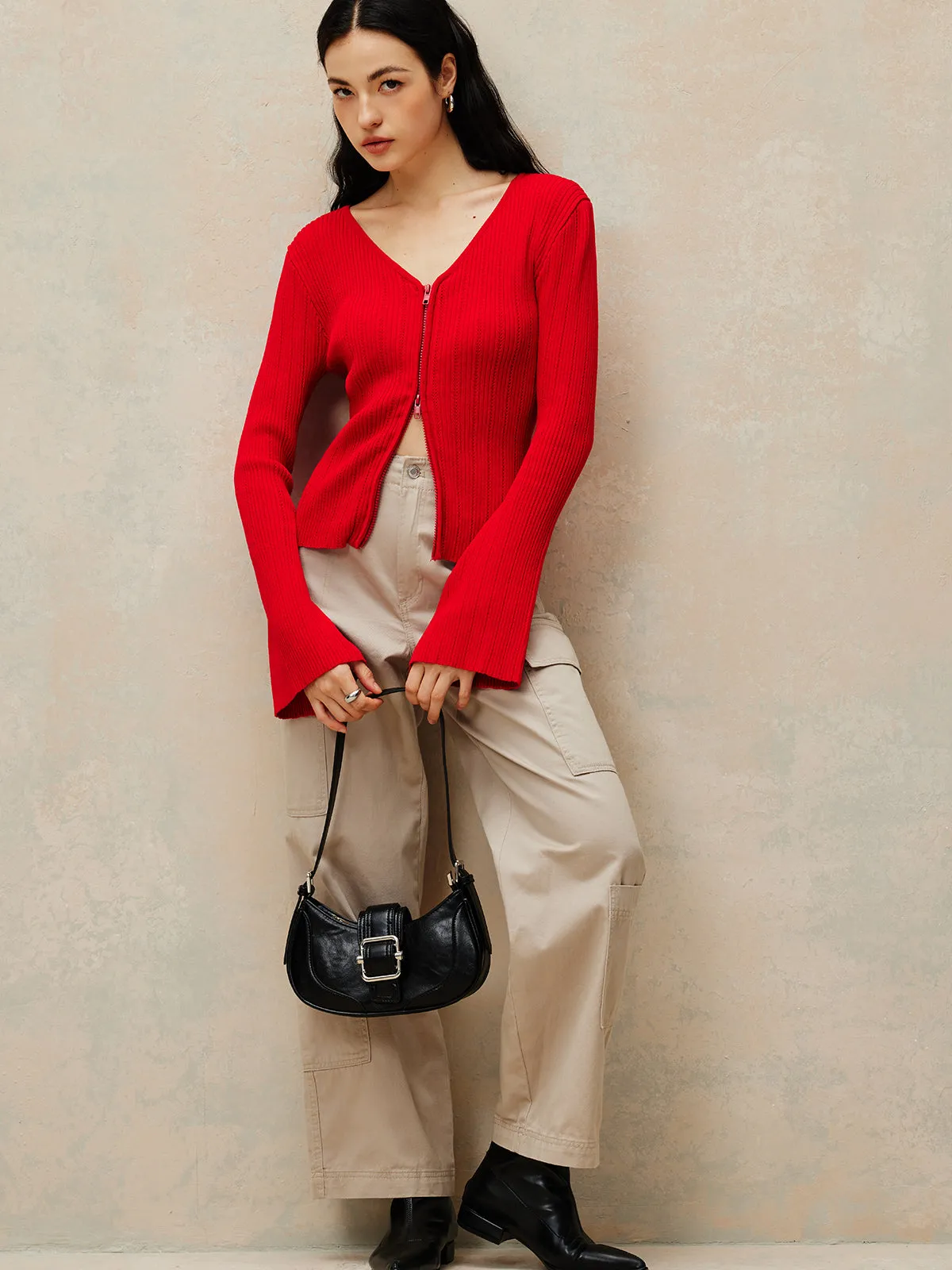 Plain Double Zip Knit Cardigan sold by COMMENSE product image thumbnail 4