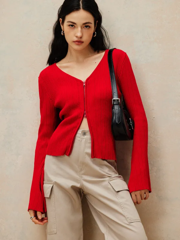 Plain Double Zip Knit Cardigan sold by COMMENSE