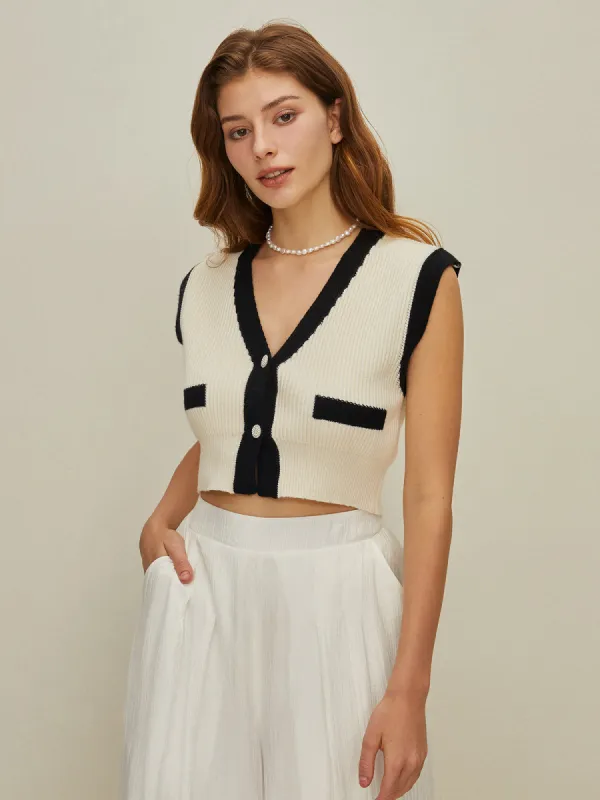 Contrast Trim Button Sweater Vest sold by COMMENSE