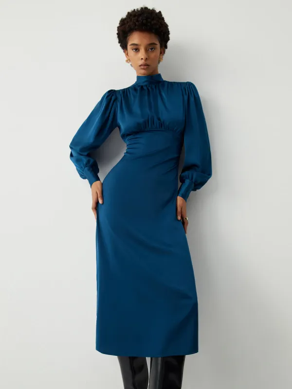 Satin Mock Neck Tie Back Long Sleeve Midi Dress sold by COMMENSE
