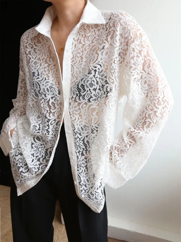 Lace Semi-sheer Collared Shirt sold by COMMENSE