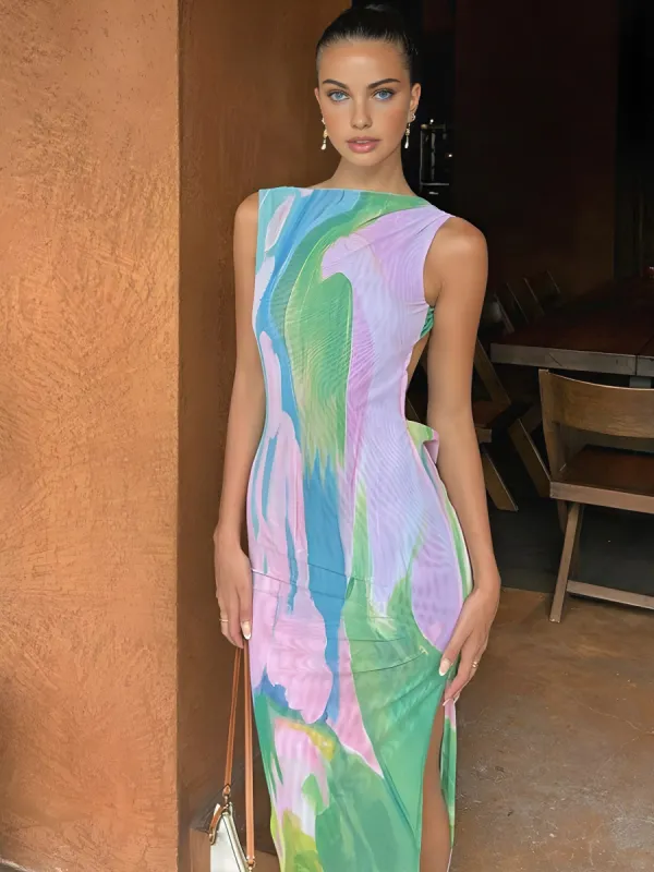 Monet Garden Print Sleeveless Long Dress sold by COMMENSE