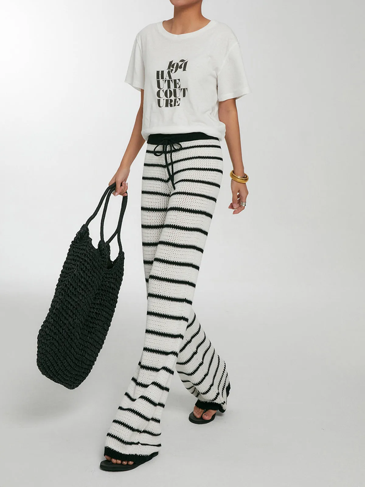 Striped Drawstring Knit Pants sold by COMMENSE