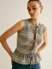 Plaid Tie Front Ruffle Tank Top sold by COMMENSE