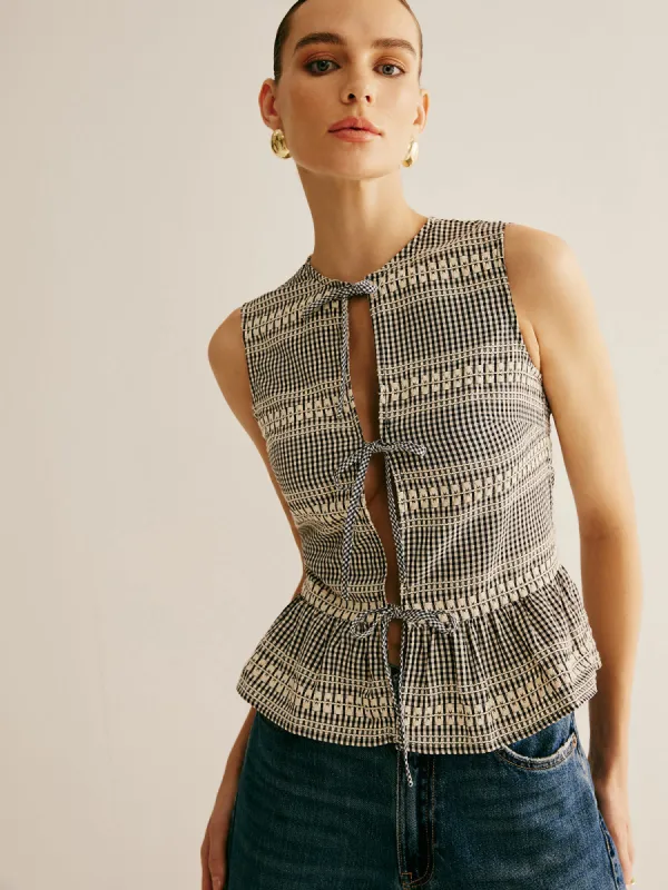 Plaid Tie Front Ruffle Tank Top sold by COMMENSE