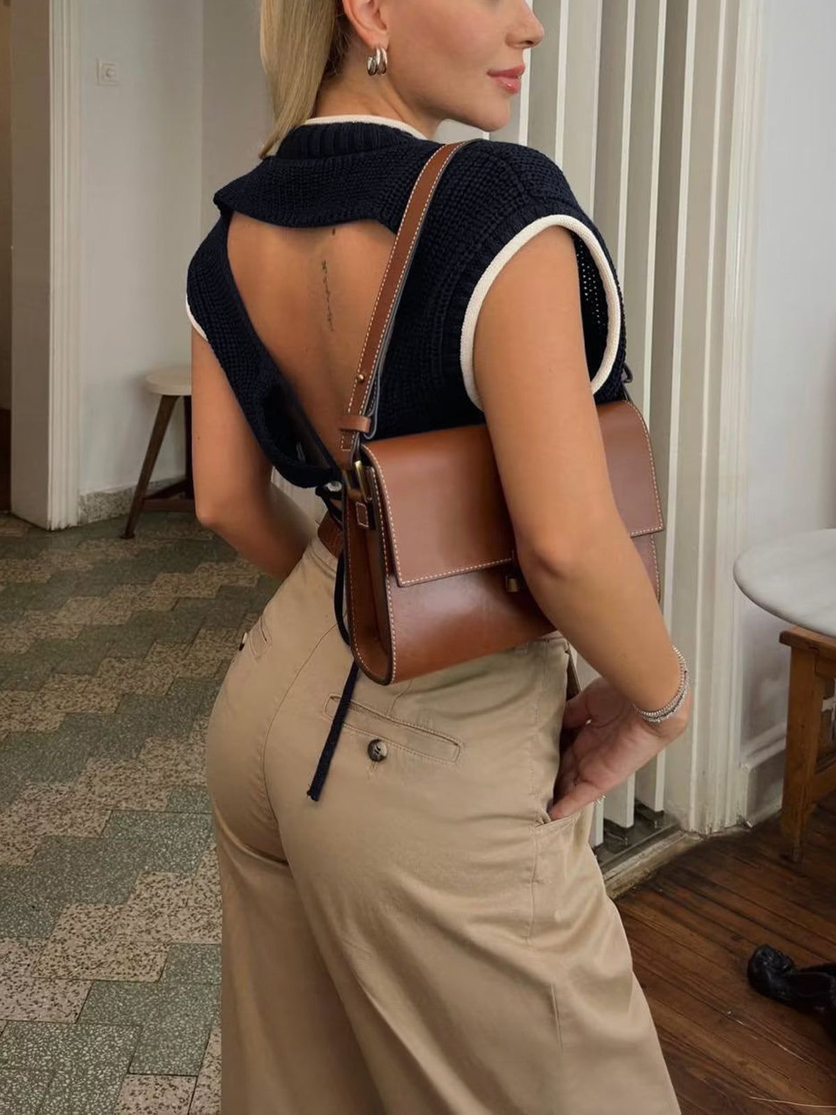 Contrast Trim Open Back Crop Sweater Vest sold by COMMENSE