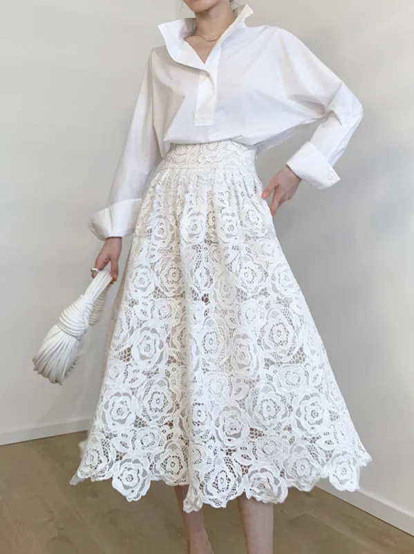Eyelet Rosebud Pattern Maxi Skirt sold by COMMENSE