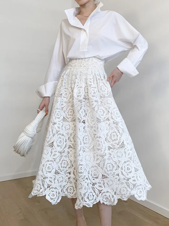 Eyelet Rosebud Pattern Maxi Skirt sold by COMMENSE