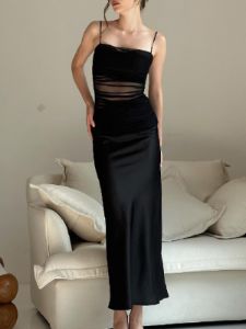 Patchwork Mesh Slit Long Dress sold by COMMENSE