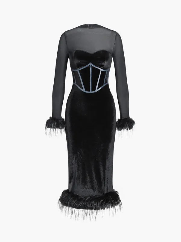 Velvet Feather Contrast Trim Corset Midi Dress sold by COMMENSE