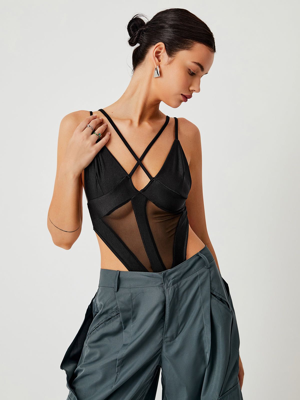 Adjustale Strap Mesh Bodysuit sold by COMMENSE