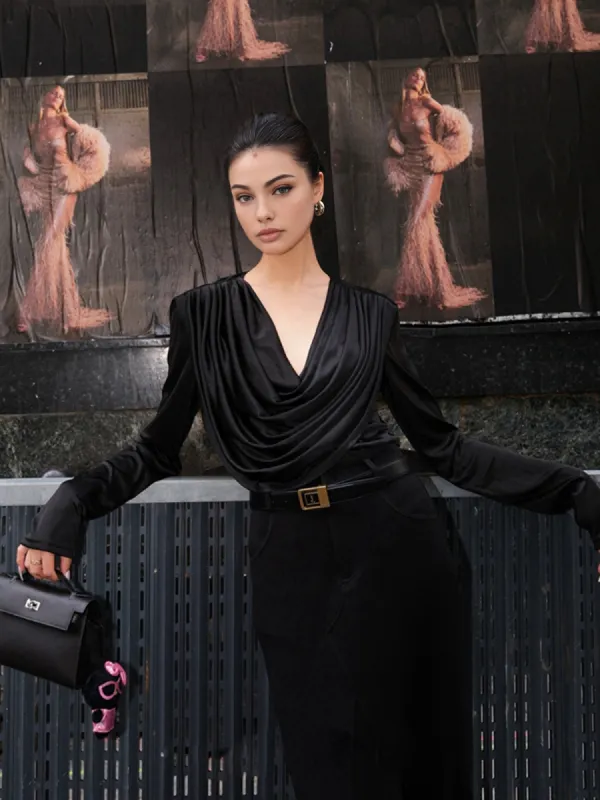 Pleated Drape Neck Shirt sold by COMMENSE