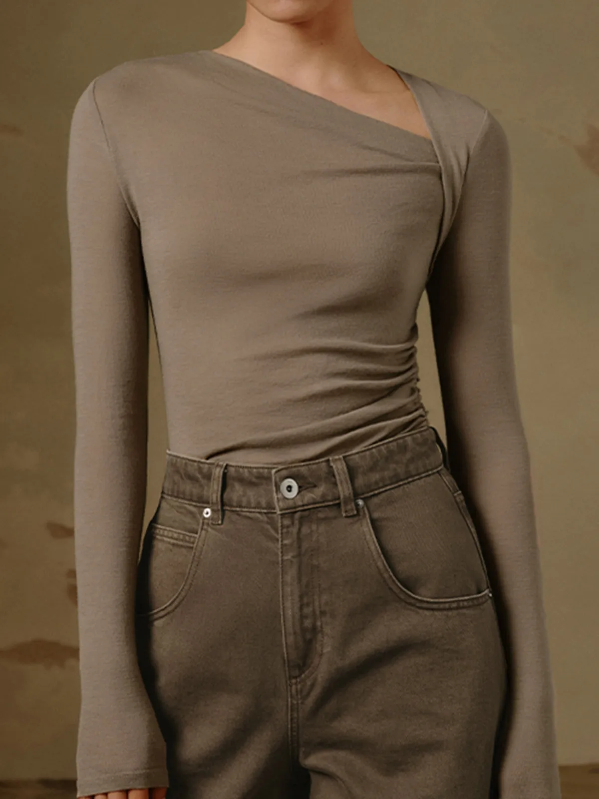 Ribbed Knit Long Sleeve Asymmetric Shirt sold by COMMENSE product image thumbnail 5